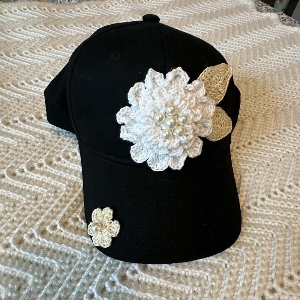 Upcyclef Black Cap with White Crochet Flower and Pearl Accents